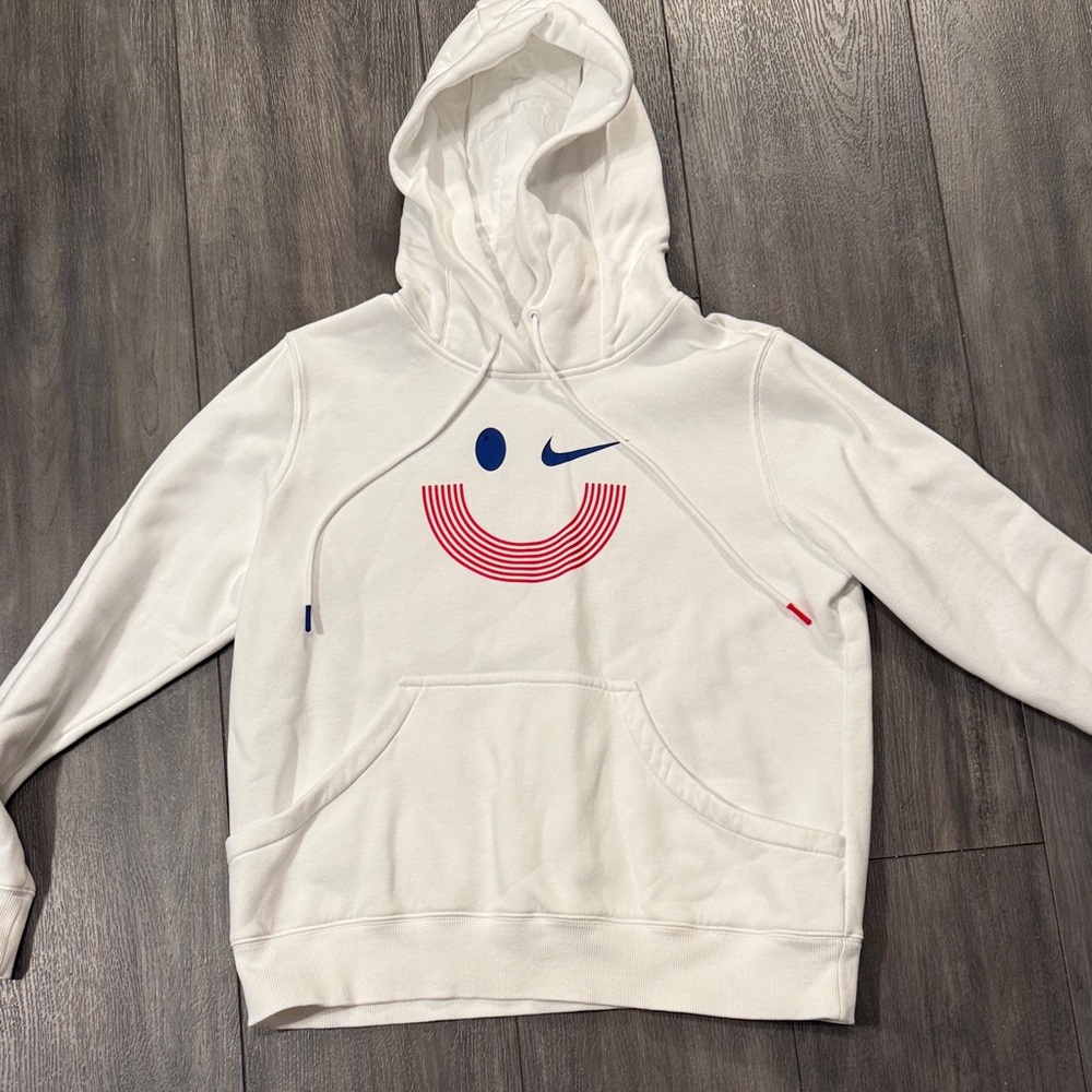 Nike White Hoodie with Red and Blue Smiley Design